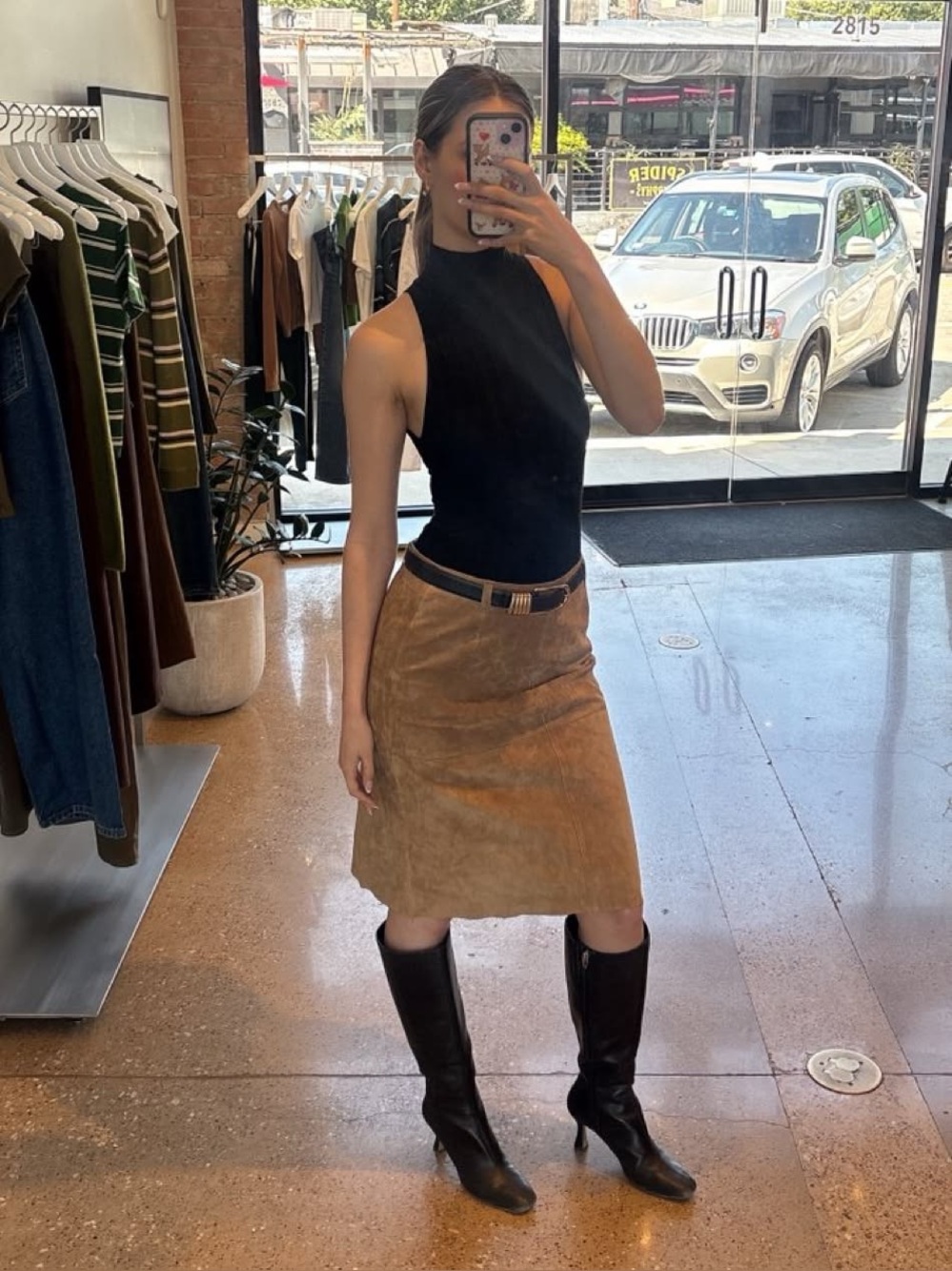 Tan Suede Leather Midi Skirt
